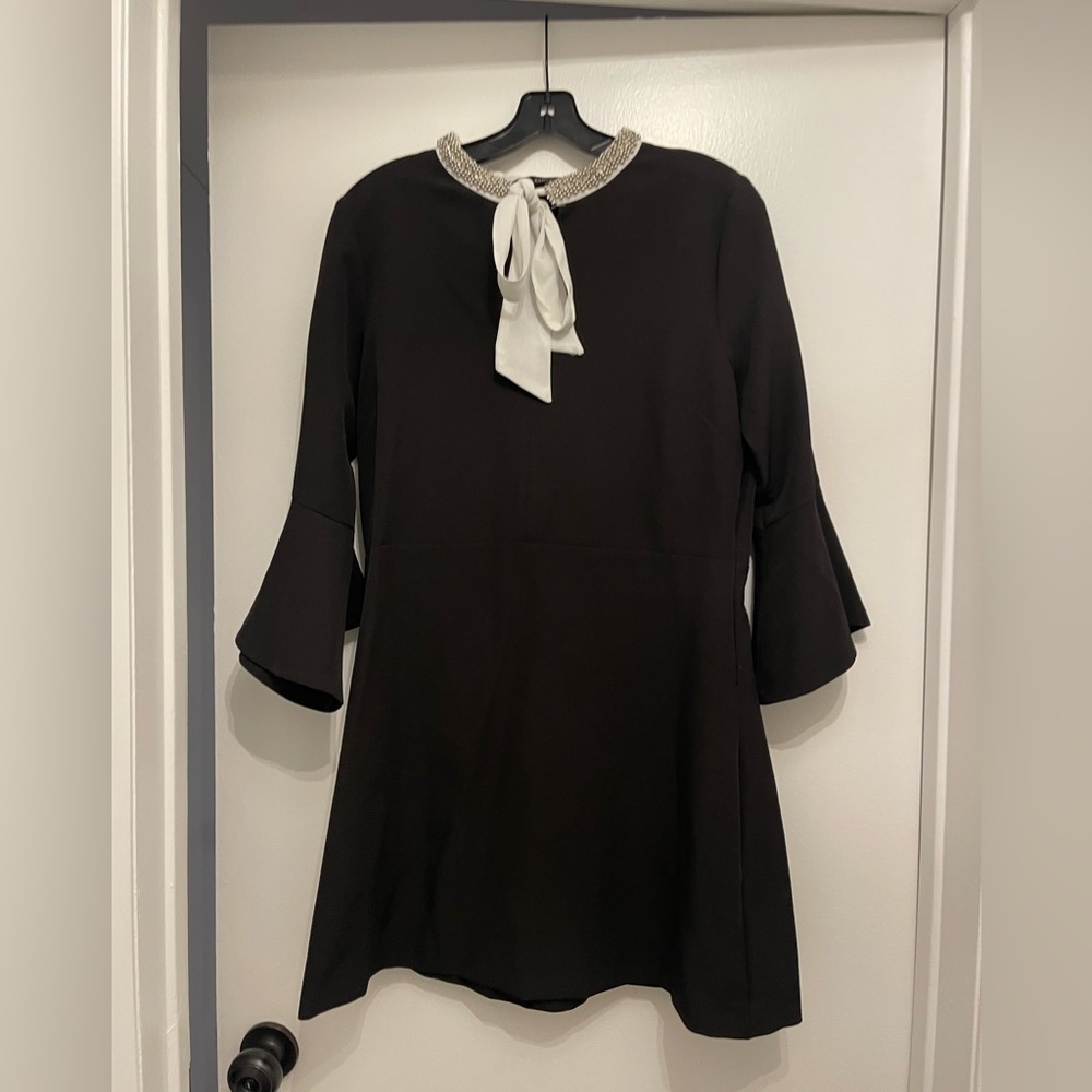 Zara Black Midi Dress with White Bow and Beaded Collar